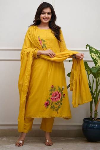 yellow embroidered cotton kurta pant with dupatta