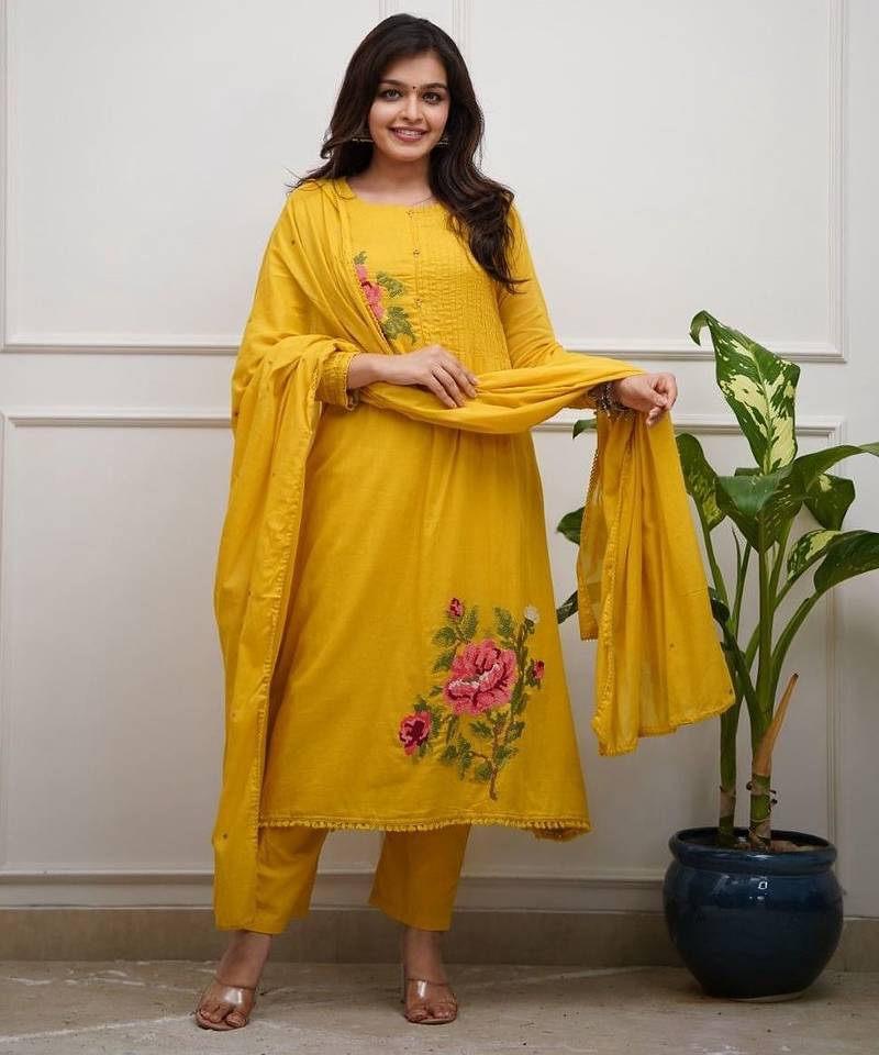 yellow embroidered cotton kurta pant with dupatta