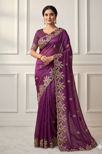 Soft jimichu silk sequins embroidery cut work lace Saree With Blouse Set