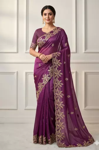 Soft jimichu silk sequins embroidery cut work lace Saree With Blouse Set