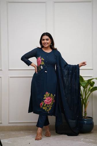 blue embroidered cotton kurta pant with dupatta