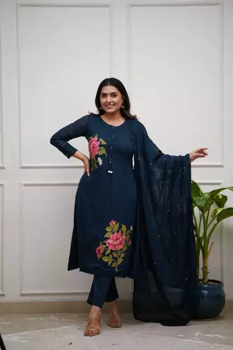 blue embroidered cotton kurta pant with dupatta