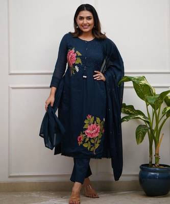 blue embroidered cotton kurta pant with dupatta 2