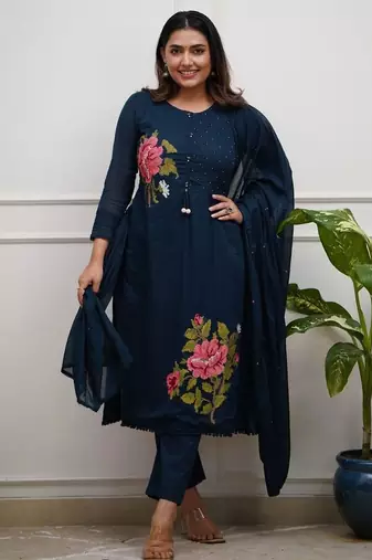 blue embroidered cotton kurta pant with dupatta