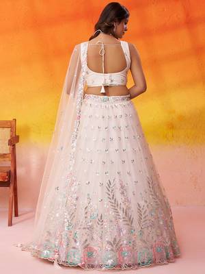 Cream Net Sequins Thread & Embroidery Lehenga Choli With Dupatta 3