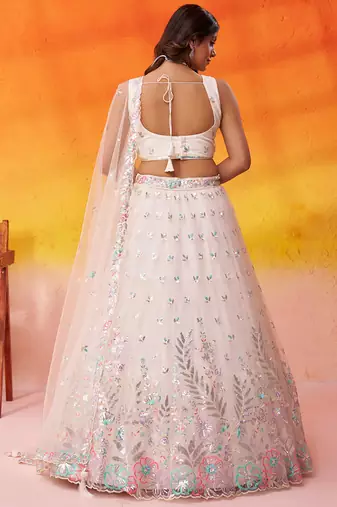 Cream Net Sequins Thread & Embroidery Lehenga Choli With Dupatta