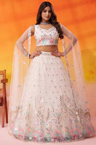 Cream Net Sequins Thread & Embroidery Lehenga Choli With Dupatta