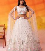 Cream Net Sequins Thread & Embroidery Lehenga Choli With Dupatta
