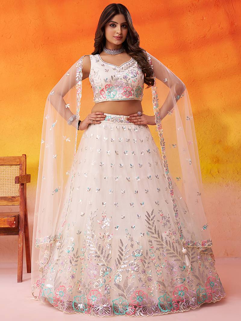 Cream Net Sequins Thread & Embroidery Lehenga Choli With Dupatta