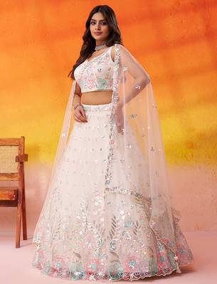 Cream Net Sequins Thread & Embroidery Lehenga Choli With Dupatta 4