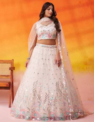 Cream Net Sequins Thread & Embroidery Lehenga Choli With Dupatta 5