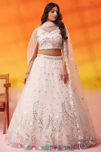 Cream Net Sequins Thread & Embroidery Lehenga Choli With Dupatta