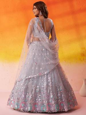 Grey Net Sequins Thread & Embroidery Lehenga Choli With Dupatta 3