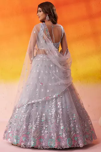 Grey Net Sequins Thread & Embroidery Lehenga Choli With Dupatta