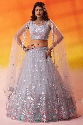 Grey Net Sequins Thread & Embroidery Lehenga Choli With Dupatta