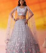 Grey Net Sequins Thread & Embroidery Lehenga Choli With Dupatta