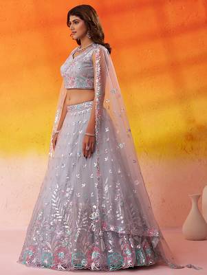 Grey Net Sequins Thread & Embroidery Lehenga Choli With Dupatta 4