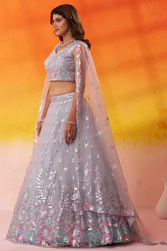 Grey Net Sequins Thread & Embroidery Lehenga Choli With Dupatta