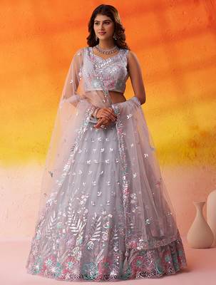 Grey Net Sequins Thread & Embroidery Lehenga Choli With Dupatta 5