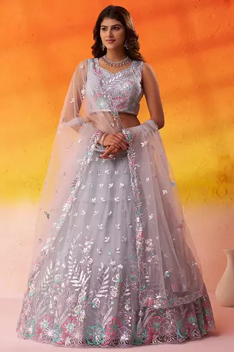Grey Net Sequins Thread & Embroidery Lehenga Choli With Dupatta