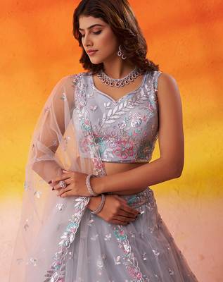 Grey Net Sequins Thread & Embroidery Lehenga Choli With Dupatta 6