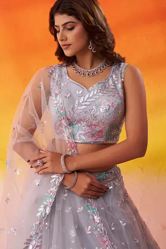 Grey Net Sequins Thread & Embroidery Lehenga Choli With Dupatta