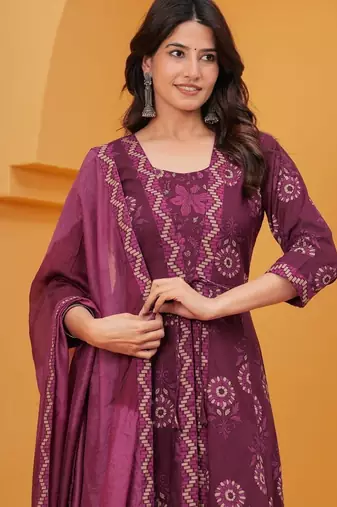 purple printed cotton kurta pant with dupatta
