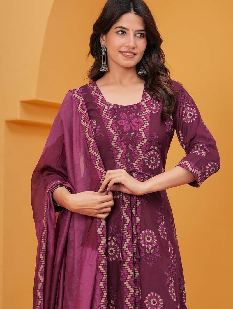 purple printed cotton kurta pant with dupatta