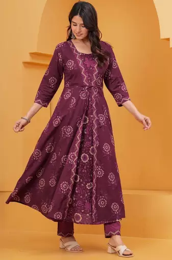 purple printed cotton kurta pant with dupatta