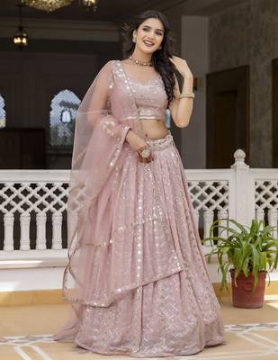 Pink Georgette Sequin Embroidery Work Lehenga Choli with Dupatta For Women 5