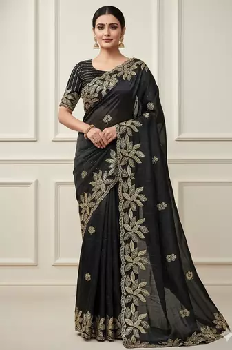 Soft jimichu silk sequins embroidery cut work lace Saree With Blouse Set 