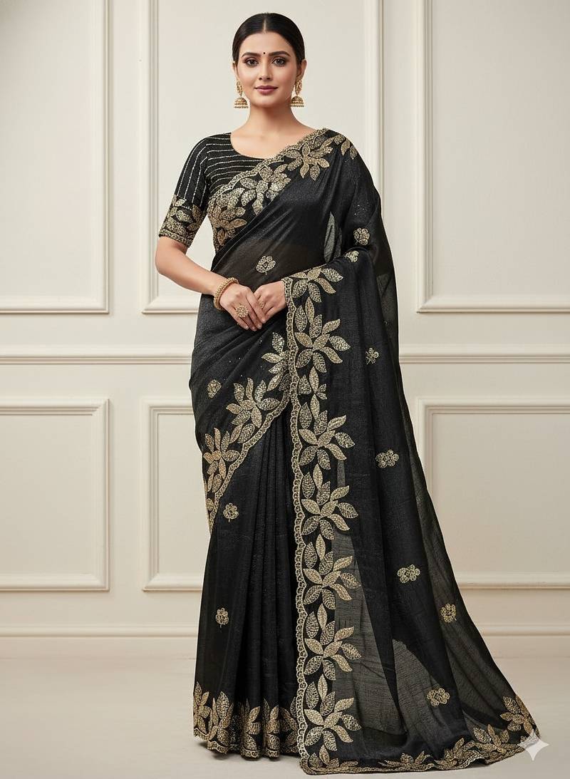 Soft jimichu silk sequins embroidery cut work lace Saree With Blouse Set 