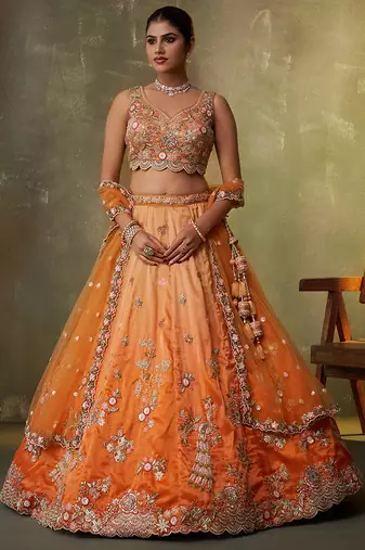 Orange Tissue Sequins embroidery Lehenga Choli With Dupatta