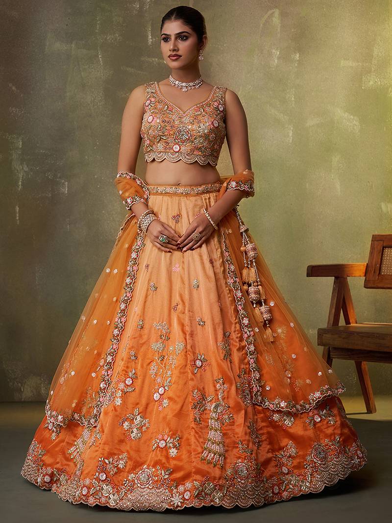 Orange Tissue Sequins embroidery Lehenga Choli With Dupatta