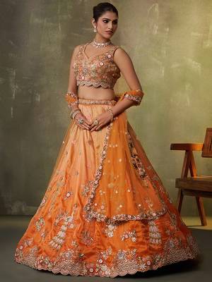 Orange Tissue Sequins embroidery Lehenga Choli With Dupatta 4