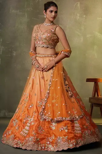 Orange Tissue Sequins embroidery Lehenga Choli With Dupatta