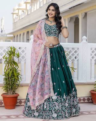 dark green Chiffon Embroidery work Lehenga Choli with Floral Print Dupatta for Women 7