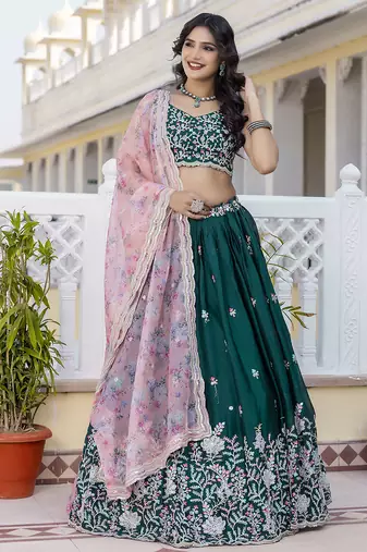 dark green Chiffon Embroidery work Lehenga Choli with Floral Print Dupatta for Women