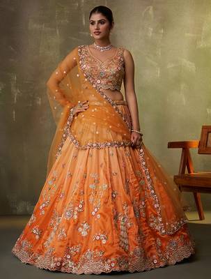 Orange Tissue Sequins embroidery Lehenga Choli With Dupatta 5