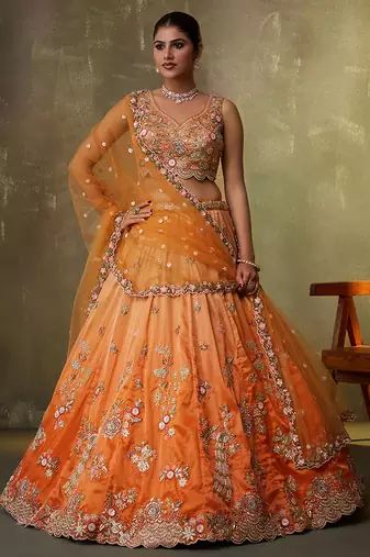 Orange Tissue Sequins embroidery Lehenga Choli With Dupatta