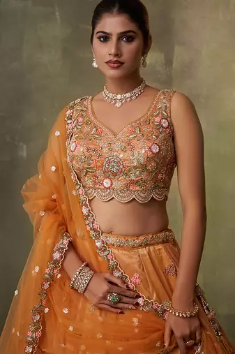 Orange Tissue Sequins embroidery Lehenga Choli With Dupatta