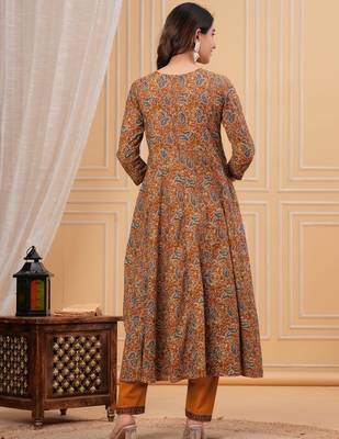 dark-yellow printed cotton kurta pant with dupatta 2