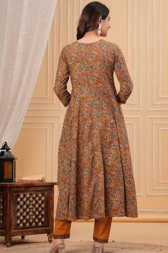 dark-yellow printed cotton kurta pant with dupatta