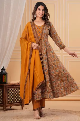 dark-yellow printed cotton kurta pant with dupatta
