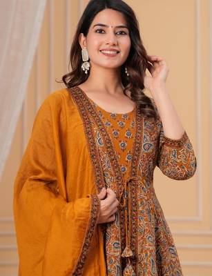 dark-yellow printed cotton kurta pant with dupatta 4