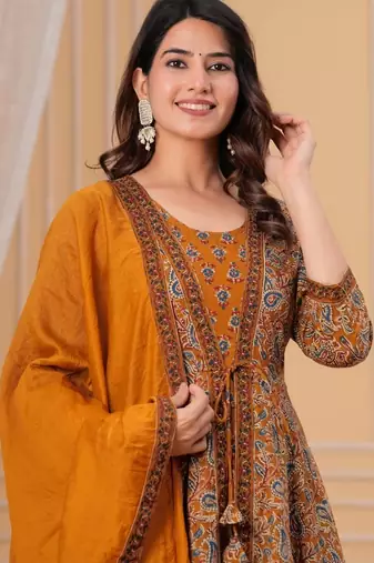 dark-yellow printed cotton kurta pant with dupatta
