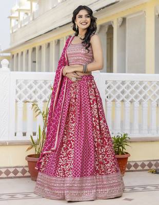 Trendmalls Art Silk Golden Sequin Embroidery work Lehenga Choli with Dupatta SemiStitch 8