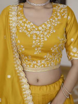 Yellow Art Silk Embroidery work Lehenga Choli with Dupatta 5