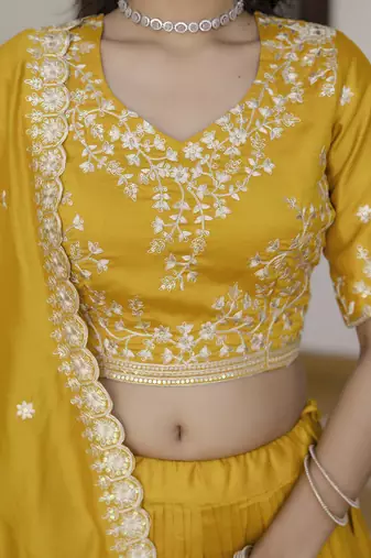 Yellow Art Silk Embroidery work Lehenga Choli with Dupatta
