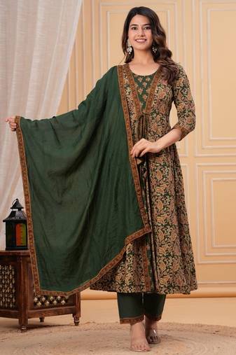 green printed cotton kurta pant with dupatta